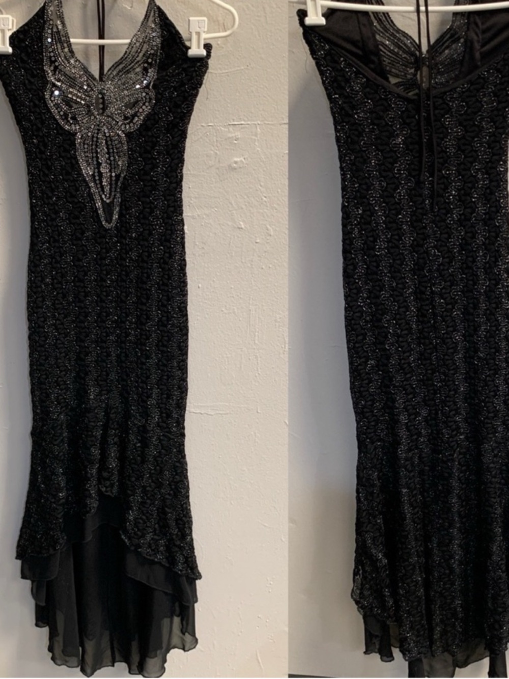 Black Sequin Halter Midi Dress with Embellished Butterfly Accent